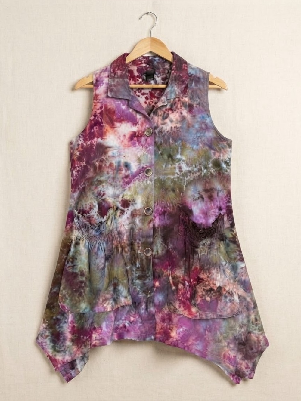 For Cynthia Ice Dyed Sleeveless Button Front Tunic Top - Pockets